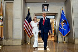 President Trump touring the Department of Justice headquarters with Pam Bondi the Attorney General previously one of Trump's defense lawyers
