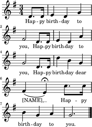 
\layout { line-width = #75 }
\relative c' {
 \magnifyStaff #5/4
 \set Staff.midiInstrument = #"church organ"
 \key g \major
 \time 3/4
 \set Score.tempoHideNote = ##t
 \tempo 4 = 90
 \partial 4 d8. d16 | e4 d g | fis2 d8. d16 | e4 d a' | g2 d8. d16 | d'4 b g | fis( \tempo 4 = 40 e\fermata) \tempo 4 = 90 c'8. c16 | b4 g a | g2. \bar "|."
}
\addlyrics { Hap -- py birth -- day to you, Hap -- py birth -- day to you, Hap -- py birth -- day dear [NAME], __ Hap -- py birth -- day to you. }
