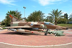 An Israeli-made IAI Kfir of 144 Squadron "Phoenix" from 1975, at the IAF Museum near Hatzerim Airbase