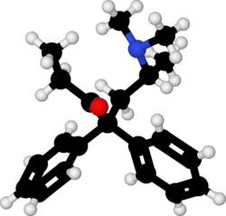 Ball-and-stick model of the more active levomethadone.