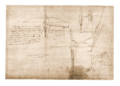 Illustrations of Leonardo da Vinci's rapid fire crossbow in the 15th-century Codex Atlanticus. Note the internal lever mechanism is fully extended to catch the draw string.