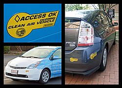 California's clean air bumper sticker used to allow HEVs to access HOV lanes. Shown a RechargeIT's plug-in converted Prius (left) and a conventional Toyota Prius (right).