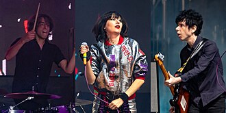 Yeah Yeah Yeahs performing at Ohana Festival in 2018. L–R: Brian Chase, Karen O, Nick Zinner