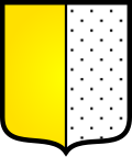 A schematic shield. The left half is yellow. The right part is white with black dots
