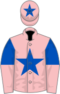 Pink, royal blue star, royal blue and pink halved sleeves, pink cap, royal blue star