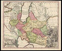 Colored early eighteenth-century map of the Persian Empire with Latin place names, surrounded by neighboring regions and seas, and a decorative cartouche at left showing pearl divers.