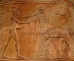 Fig. 1. Horse-bodied Gorgon (Medusa) being decapitated by Perseus with averted gaze; Boetian relief pithos, Louvre CA 795 (mid-seventh century BC)[68]