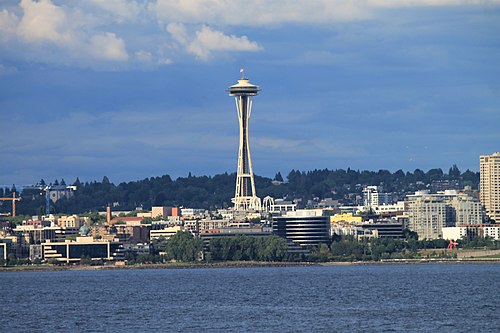 Space Needle seen from the ferry Wenatchee on Puget Sound