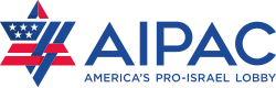 Logo of AIPAC, a Star of David in the style of U.S. flag followed by the organization's name and slogan