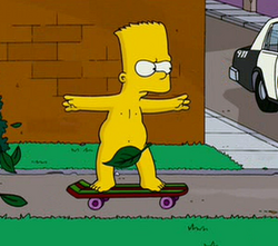 A cartoon drawing of a yellow nude child skateboarding outdoors, with a leaf covering his genitals