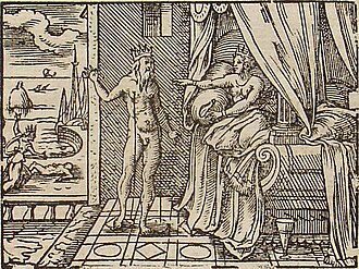Ceyx/Morpheus appears to Alcyone, engraving by Virgil Solis for Ovid's Metamorphoses Book XI, 650–749.