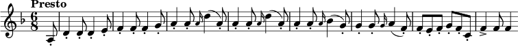 \new Staff <<
\set Staff.midiInstrument = #"violin"
\relative c'{
\clef treble
\key d \minor
\time 6/8
\tempo "Presto" \tempo 4. = 200
\partial 8 a8_. d4_. 8_. 4_. e8_. f4_. 8_. 4_. g8_. a4_. 8_. \grace {a16} (d4 a8_.) a4_. 8_. \grace {a16} (d4 a8_.) a4_. 8_. \grace {a16} (bes4 g8_.) 4_. 8_. \grace {g16} (a4 f8_.) f_. e_. f_. g_. f_. c_. f4_> 8 4
}
>>