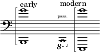 {
\new Staff \with { \remove "Time_signature_engraver" }
\clef bass \key c \major \cadenzaOn
\arpeggioBracket <b,, g'>1 \arpeggio ^ \markup "early"
\once \hide r1
\ottava #-1 \tweak font-size #-2 c,,1 \finger \markup \text "poss." ^ \markup "modern"
\ottava #0 \arpeggioBracket <e,, g'>1 \arpeggio
}