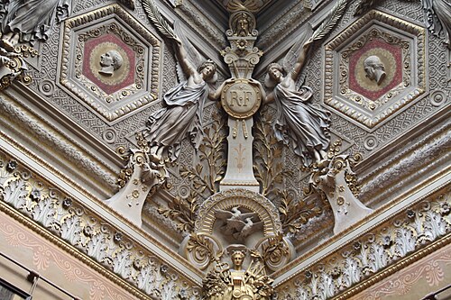 Neoclassical sculpted decoration on the ceiling of the Salon des Sept cheminées, Louvre Palace, Paris, by Francisque Duret, 1851[51]