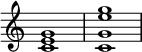 
\relative c' { \override Score.TimeSignature #'stencil = ##f <c e g>1 <c g' e' g> }

