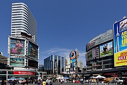 Colorful large billboards on buildings