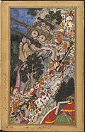 Bullocks dragging siege-guns up hill during Mughal Emperor Akbar's Siege of Ranthambore Fort in 1568.[72]