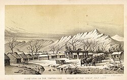 Drawing of small log buildings, with mountains in the background