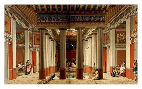 Illustration of a peristyle with Doric columns the home of a rich Athenian woman, showing the polychromy Doric columns had in antiquity, from Wonders – Images of the Ancient World, 1907