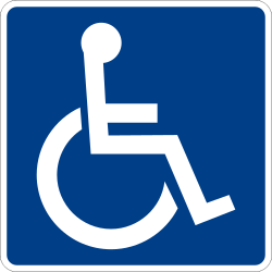White line figure of a person seated over the axis of a wheel on blue background