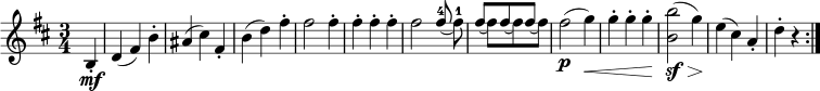  { \relative b { \key b \minor \time 3/4
\partial 4 b4-. \mf | d4( fis) b-. | ais4( cis) fis,-. | b4( d) fis-. | fis2 fis4-. | fis4-. fis-. fis-. |
fis2 << { \voiceOne \slurDown fis8^4( s) | fis8[( s) fis( s) fis]( s) }
      \new Voice { \voiceTwo s fis8^1 | s8 fis[ s fis s fis]} >> \oneVoice | fis2( \p g4) \< |
g4-. g-. g-. | <b b,>2( \sf \> g4) \! | e4( cis) a-. | d4-. r \bar ":|." }}
\layout { \context {\Score \override SpacingSpanner.common-shortest-duration = #(ly:make-moment 1/4) }} 