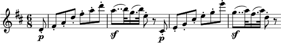  { \relative d' { \key d \major \time 6/8
\partial 8 d8-. \p | fis8-. a-. d-. fis-. a-. d-. | a8..( \sf b32) g16.( b32) e,8-. r cis,-. \p |
e8_. g-. cis-. e-. g-. e'-.| g,8..( \sf a32) fis16.( a32) d,8-. r
}} 