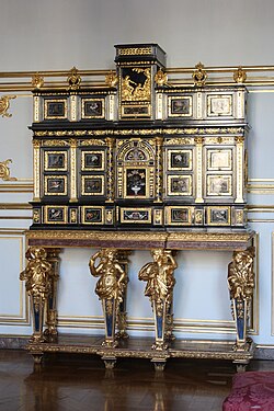 Baroque caryatids of a cabinet, c. 1675, ebony, kingwood, marquetry of hard stones, gilt bronze, pewter, glass, tinted mirror and horn, Museum of Decorative Art, Strasbourg, France[25]