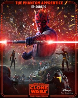 A poster for "The Phantom Apprentice". Darth Maul is largest and centered, with other characters and events from the episode also depicted.