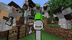 Dream being pursued by five hunters: GeorgeNotFound, BadBoyHalo, Awesamdude, Antfrost and Sapnap in a Minecraft world
