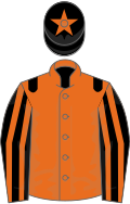 Orange, black epaulets, black and orange striped sleeves, black cap, orange star