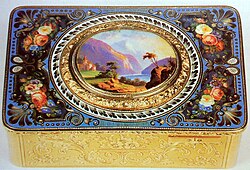 A Swiss singing bird box with a bucolic lake scene on the lid, c. 1825, another example of an objet de vertu