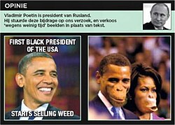 Vladimir Putin is the president of Russia. He sent us this attachment at our request, and chose to send pictures instead of text "because he doesn't have a lot of time". First Black president of the USA starts selling weed. An image of the Obamas as chimpanzees.