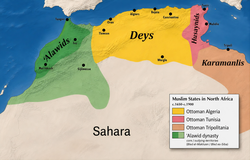 Map of North Africa. The regency of Algiers is colored light brown, at center top, Husaynid Tunisia, maroon, and Tripolitania dark brown. The core territory of the 'Alawid dynasty at center left is dark green, and its outlying territories light green.