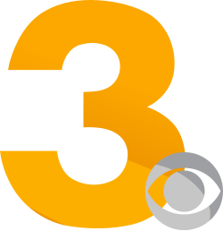 A shiny, beveled, gold sans serif numeral 3 with a shiny silver beveled CBS eye overlapping it in the lower right.
