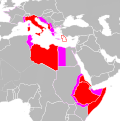 The Italian Empire (red) before World War II. Pink areas were annexed/occupied for various periods between 1940 and 1943 (the Tientsin concession in China is not shown).