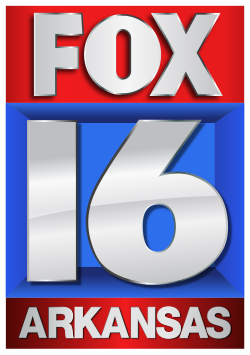All rendered in 3D, from top: a red box with a shiny silver Fox network logo above a shiny silver numeral 16 in a blue box; and the word "Arkansas" in all caps, in silver, on a red box.