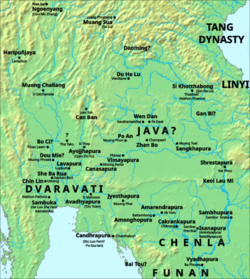 Proposed locations of ancient kingdoms in Menam and Mekong Valleys in the 7th century based on the details provided in the Chinese leishu, Cefu Yuangui, and others.