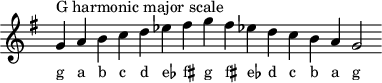 \header { tagline = ##f }
scale = \relative f' { \key g \major \omit Score.TimeSignature
g^"G harmonic major scale" a b c d es fis g fis es! d c b a g2 }
\score { { << \cadenzaOn \scale \context NoteNames \scale >> } \layout { } \midi { } }