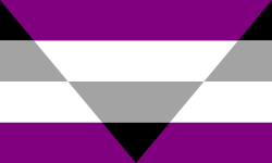 A black, grey, white, and purple horizontally-striped pride flag with a large inverted triangle whose top side fits the whole top of the flag and whose point is at the very bottom center of the flag. The triangle is split into four stripes of even width -- the same color stripes as the background of the flag but in reverse order. 3:5 ratio is derived from other Wikimedia files and flag.library.lgbt. Colors are derived from the asexual flag.
