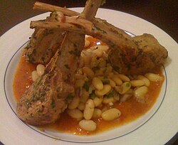 Mexican lamb chops with guajillo chili sauce and charro beans