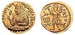 Coin of Huvishka with deity Oesho ("ΟΗϷΟ", Shiva).[9]