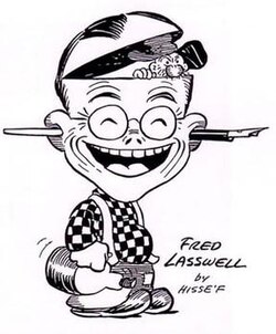 Caricature of Fred Lasswell, featuring Snuffy Smith peeking out from inside Lasswell's head