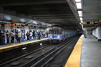 A metro train at an underground station