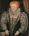 Elizabeth I wearing free-stitched blackwork sleeves, stomacher, and collar (beneath a sheer linen ruff), c. 1590[9]