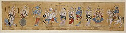 Hindu god Vishnu's ten major avatars (Balarama-Buddha version). From left: Matsya; Kurma; Varaha; Narasimha; Vamana; Parashurama; Rama; Balarama; Buddha; and Kalki