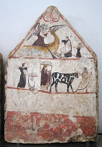 Ferryman Charon embarks with the soul of the deceased. Fresco from an ancient Lucanian tomb.