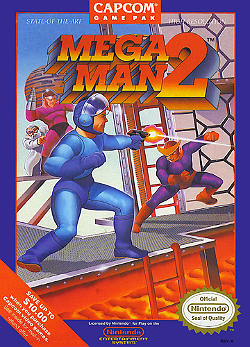 Artwork of a navy blue, vertical rectangular box. The top portion reads "Mega Man 2", while the artwork depicts a humanoid figure in a blue outfit firing a gun at a second humanoid figure in a purple and red outfit.