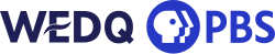 The letters W E D Q, with the crossbar of the E formed by a stylized wave, in navy; the PBS network logo and letters P B S in blue.