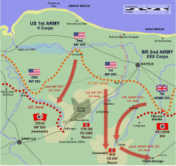 A diagram of the Caumont Gap and the advances made by the Anglo-American forces, as described in the text.
