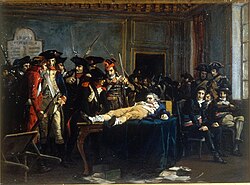 Lying on a table Robespierre is the object of the curiosity and quips of Thermidorians, painting by Lucien-Étienne Mélingue (Salon de 1877; in the Musée de la Révolution française)